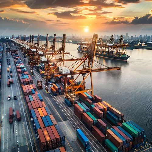 Container port at sunset
